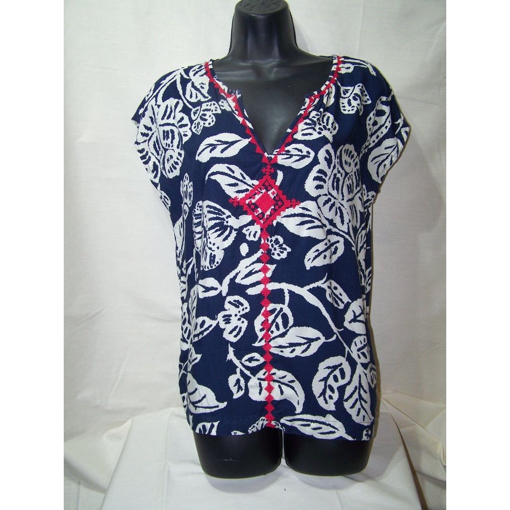 Lucky Brand top Blouse Small Blue Leaf Print Red Embroidery